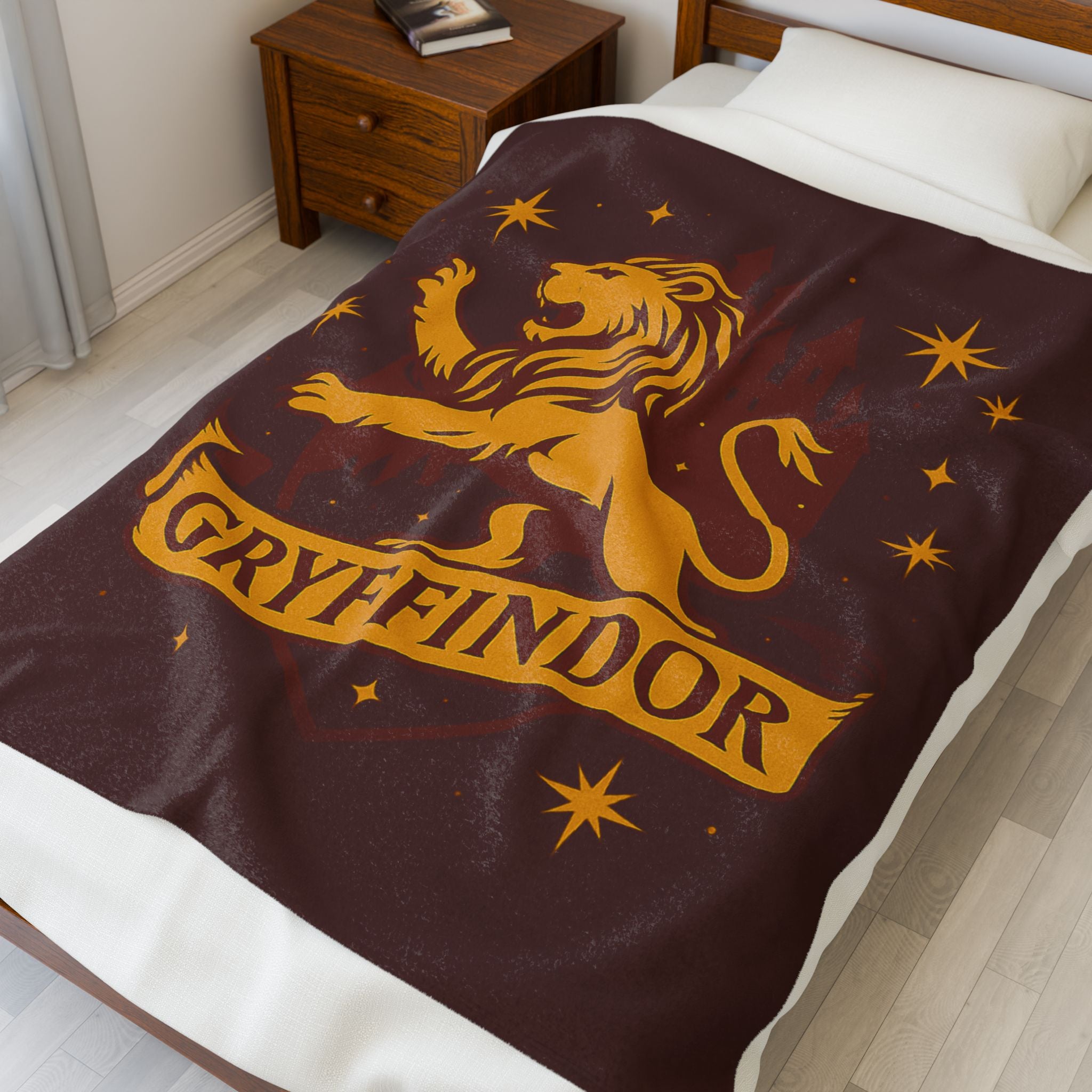 Gryffindor Velveteen Plush Blanket | Hogwarts House Throw | Harry Potter Inspired Lion Bedding | Warm Red & Gold Gift | Soft Fleece Decor