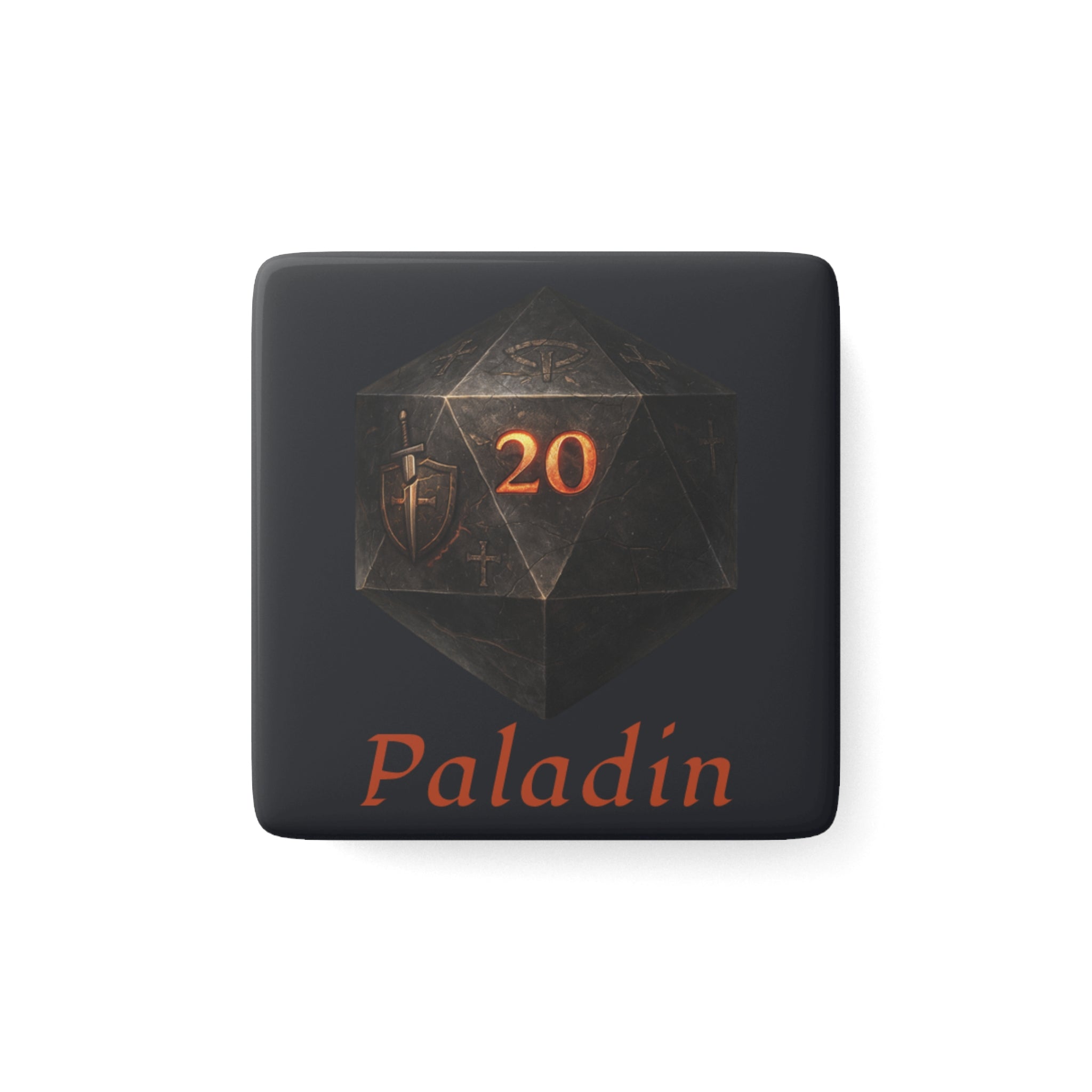 Paladin D20 Porcelain Magnet — RPG Dice Magnet with Shield & '20' Design