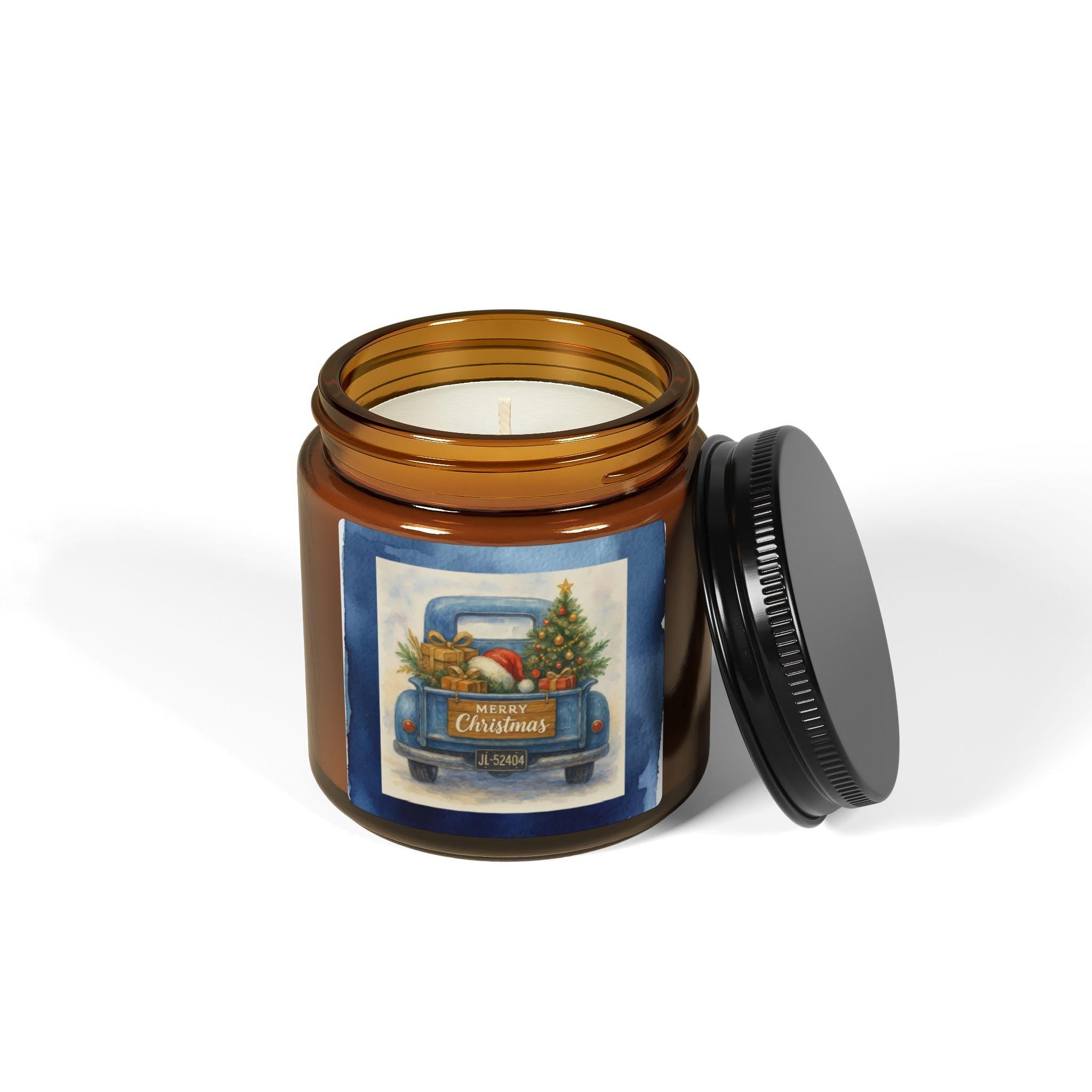 Festive Scented Soy Candle, Christmas Home Decor, Holiday Gift, Cozy Vibe, Amber Jar with Truck Design, Hand-Poured Candle